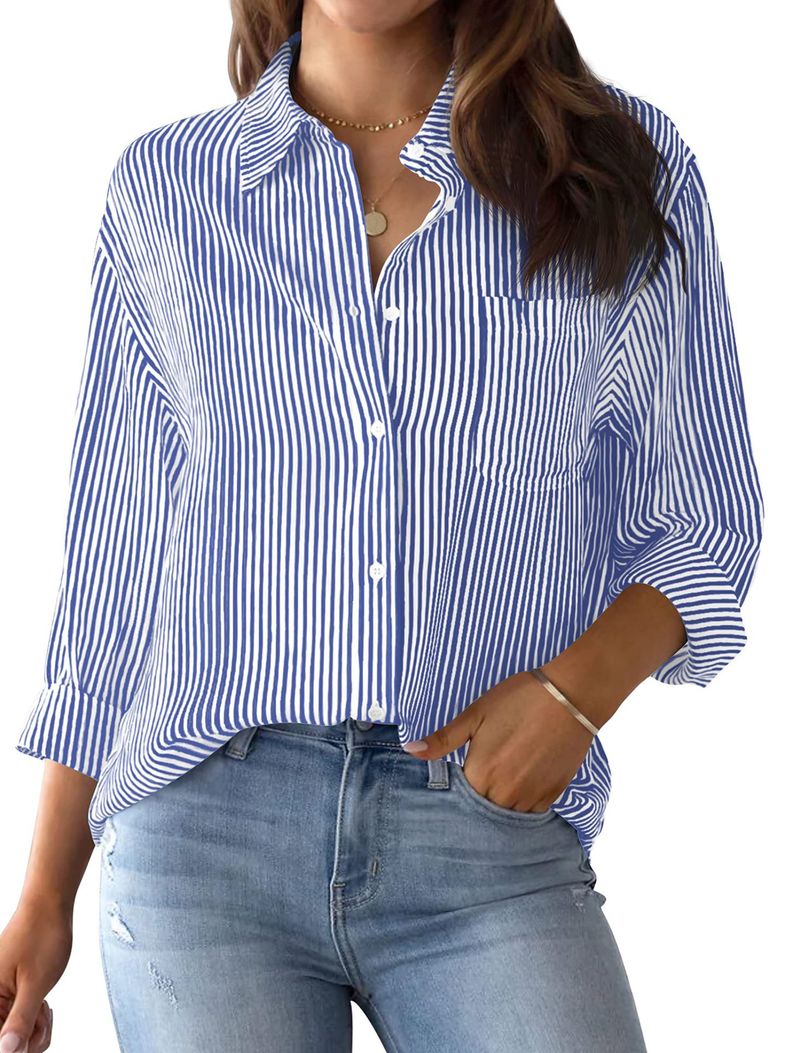 Women's Clothing Button Down Shirt Striped Classic Long Sleeved Collared Office Work Shirt Top_voghion.com