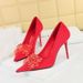 Banquet High Heels Women's with Thin Heels, Suede, Shallow Mouth, Pointed Water Diamond Bow Single Shoes_voghion.com