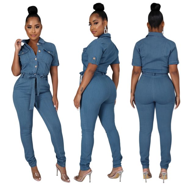 Modischer, kurzärmliger, lässiger Denim-Strampler mit Schnürung für Damen_voghion.com