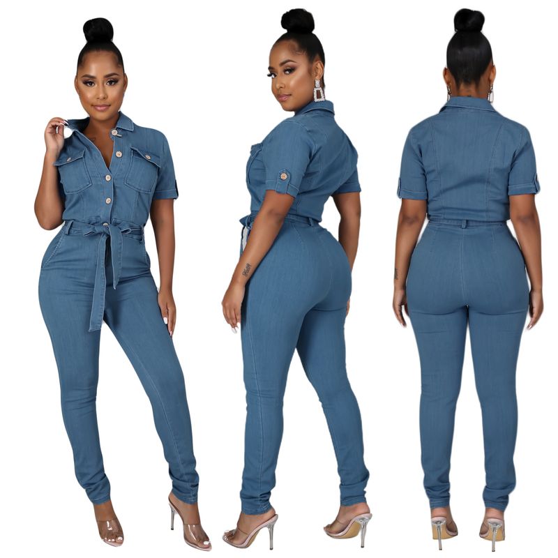 Women's fashion short-sleeved casual lace-up denim romper_voghion.com
