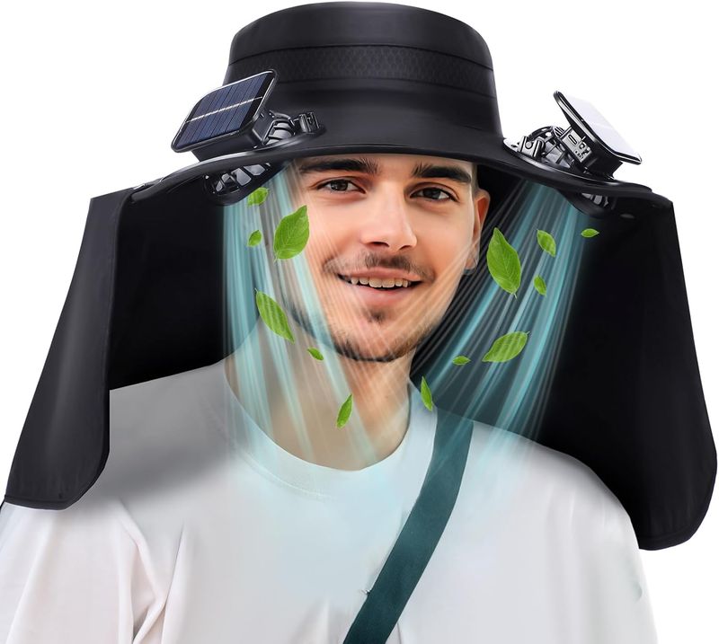 Chuarry Wide Brim Sun Hat With 2 Fan Outdoor Solar Powered USB Charging Fishing Hat With Neck Flap For Men Women_voghion.com