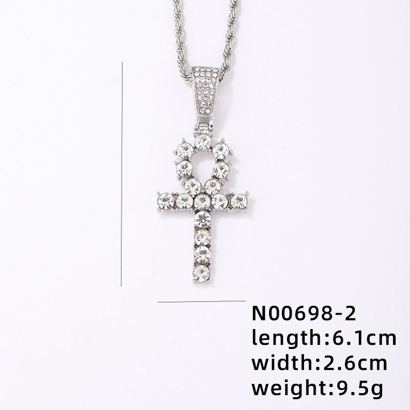 New Diamond-embedded Egyptian Anhe key pendant necklace cross hip hop diamond-embedded_voghion.com