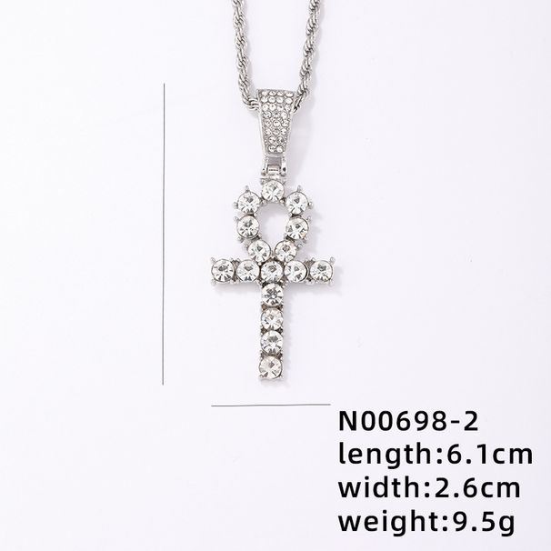 New Diamond-embedded Egyptian Anhe key pendant necklace cross hip hop diamond-embedded_voghion.com