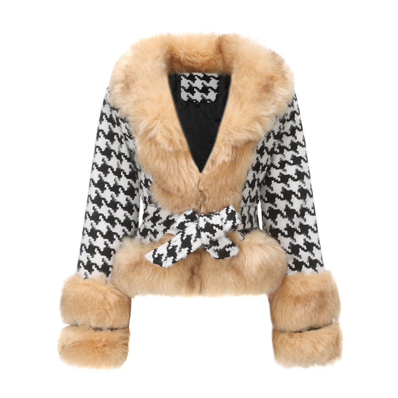 Damen-Herbst- und Winterjacke, abnehmbarer Pelzkragen, kurzes modisches Oberteil mit Tausend-Vogel-Karomuster_voghion.com