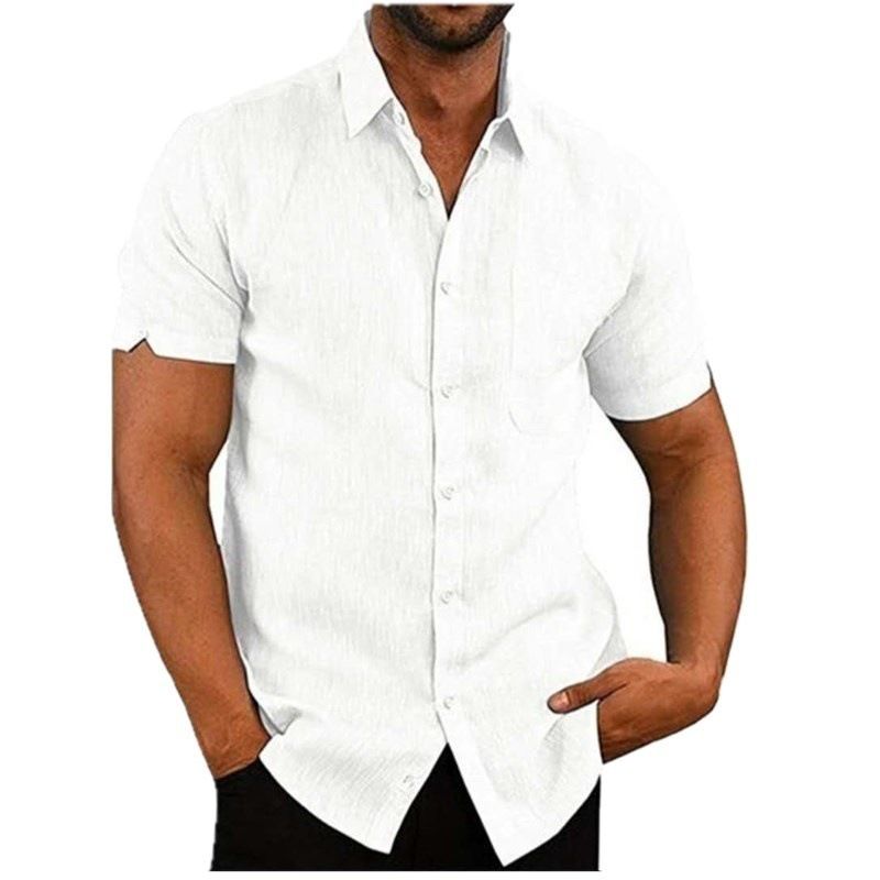 Men's Summer Lapel Solid Color Short-sleeved Button Men's Cotton Linen Shirt_voghion.com