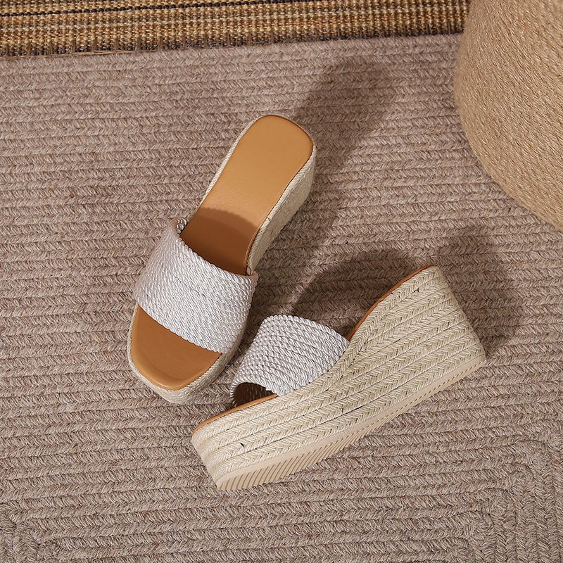 Sandali con tacco a zeppa da donna, con fondo spesso e tacco alto, con testa quadrata, infradito da donna, con fondo in corda di paglia_voghion.com