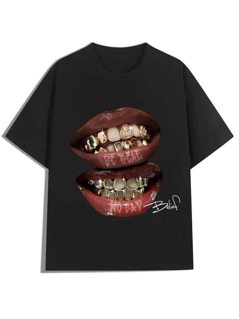 Men's Casual Hip-hop Graphic T-shirt, Creative Retro Gold Teeth Print Round Neck Short-sleeved T-shirt, Breathable, Summer 240g Cotton Top_voghion.com