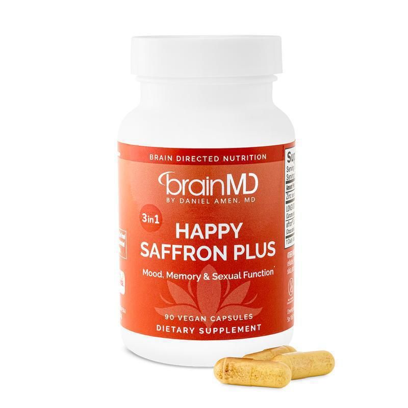 Cápsulas veganas BrainMD Happy Saffron Plus 3 en 1 | Apoyo para el estado de ánimo, la memoria y la función sexual | Suplemento dietético de 90 unidades_voghion.com