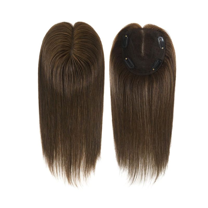 Durable Lace Center 100% Human Hair Topper For Women, Hair Top Pieces 4 Clips In Topper Darkest Brown Color #2 Hair Length 12 Inches_voghion.com