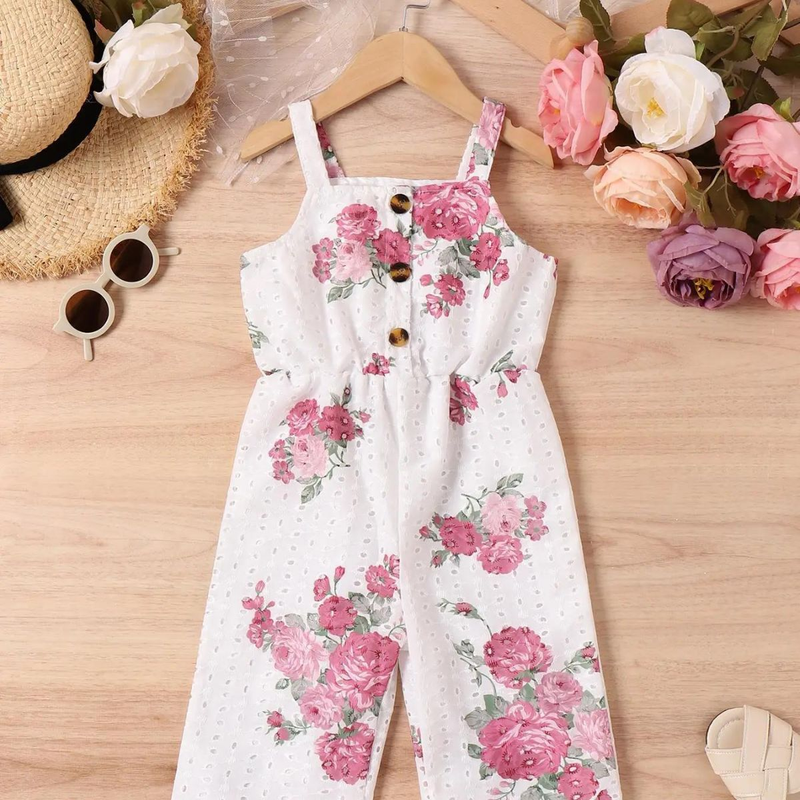 ​​Girls' Floral Print Romper – 100% Polyester Jumpsuit With Adjustable Straps (A-Class Safety, 100-140cm, White)​​_voghion.com