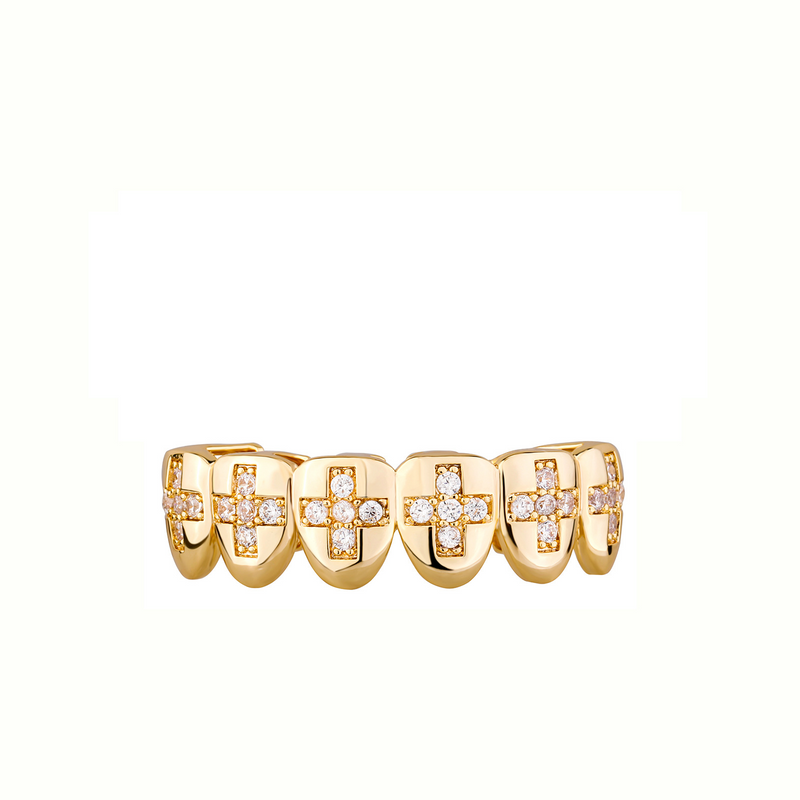 Grillz en croix plaqué or style hip-hop avec micro-pavés de zircones cubiques - Bijou dentaire géométrique unisexe pour Halloween et fêtes (ensemble supérieur/inférieur)_voghion.com