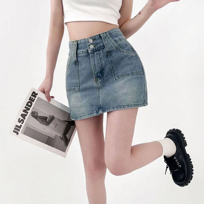 A-line short women's anti glare double button design, high waisted ins style wrapped hip pants skirt, small figure half_voghion.com