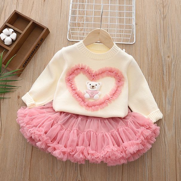 Completo maglione lavorato a maglia e gonna a sbuffo per bambine - Morbido misto poliestere, stile coreano, 1-3 anni (80-100 cm), rosa, stampa cartoon_voghion.com