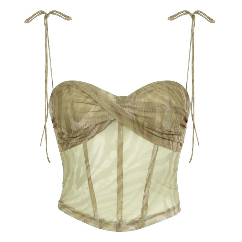 Damenbekleidung, verdrehtes, plissiertes, gewelltes, doppellagiges Mesh-Druck-Tube-Top mit Hosenträgern und Fischgräten-Taille, unregelmäßiges Oberteil_voghion.com