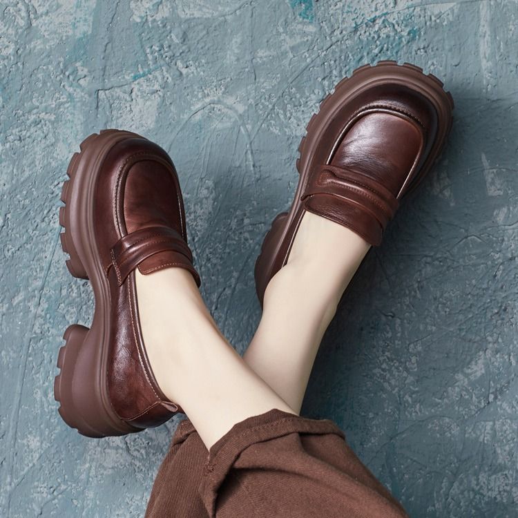 Mocassini da donna in vera pelle con zeppa spessa, punta rotonda, stile britannico, autunno 2024, scarpe singole da donna_voghion.com