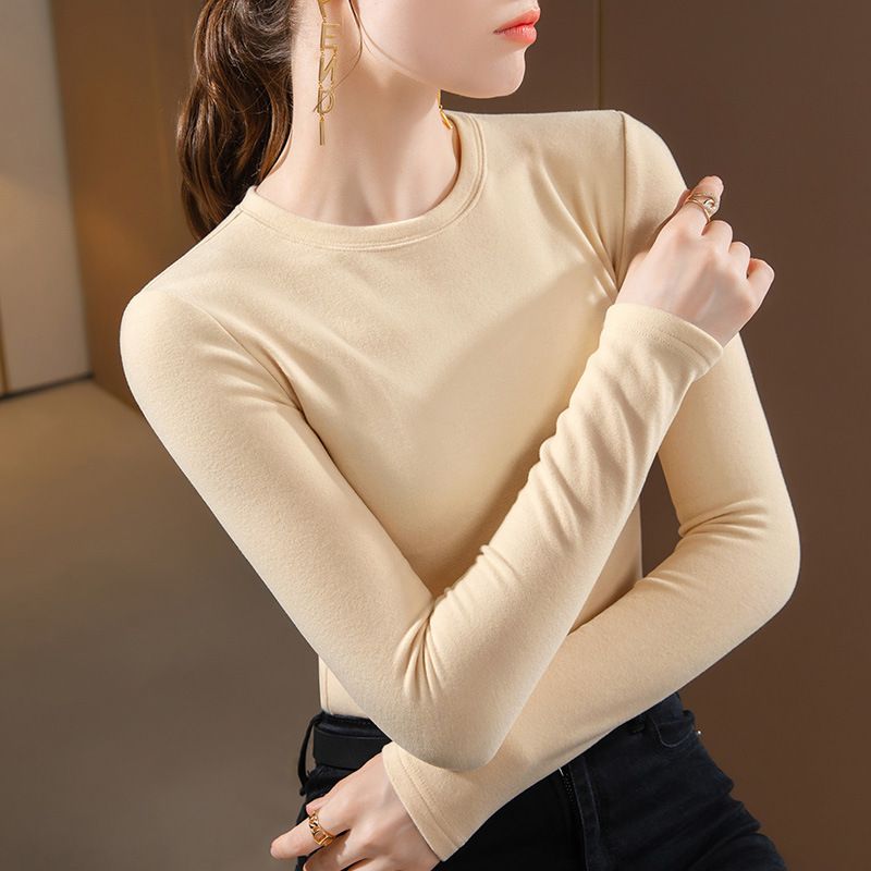 Women's Double-Layer Fleece Thermal Top - Ultra-Soft Round Neck Long Sleeve Base Layer, Stretchy & Warm, Slim Fit Essential For Autumn/Winter_voghion.com