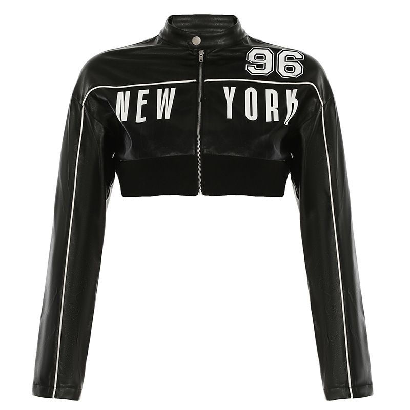 Personalized Motorcycle Style Jacket With Color-Block Stripes, Fashionable Digital Short PU Leather Coat For Spring And_voghion.com
