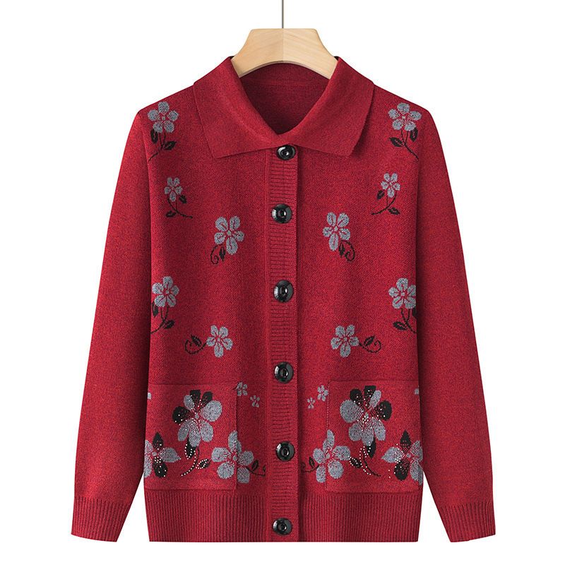 Strickjacke, Omas Outfit, Frühlings-/Herbst-Strickjacke, Kragenkleidung für alte Damen, Pullover, Pullover für ältere Damen_voghion.com