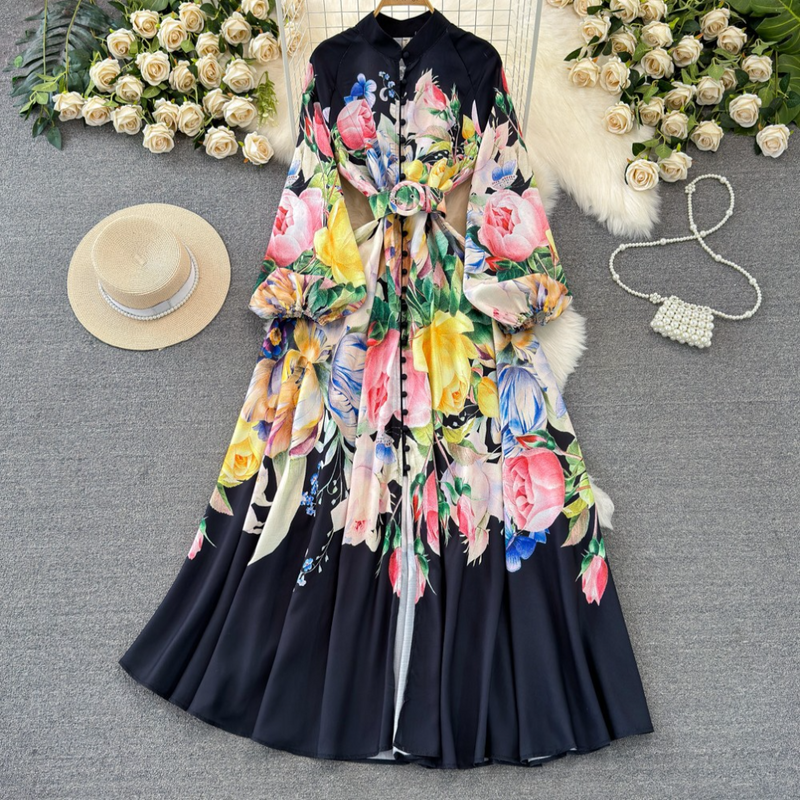 Women Single Breasted A-line Positioning Printed Dress_voghion.com
