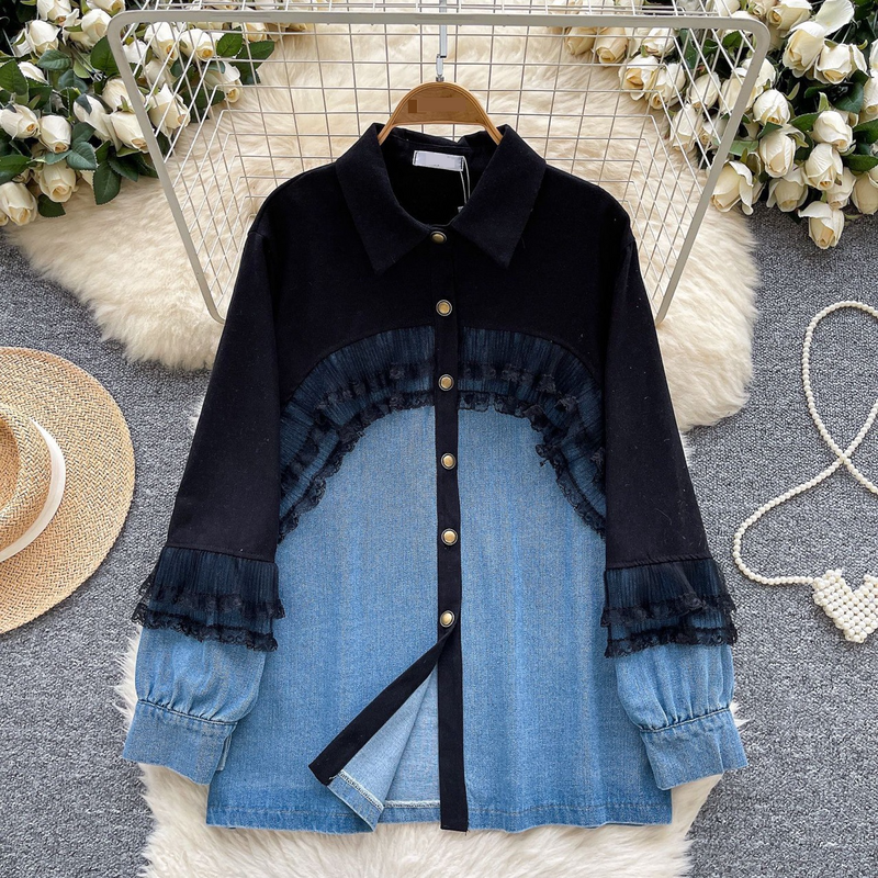 Îmbrăcăminte pentru femei, design vestimentar, cusături din dantelă, culori contrastante, cămașă din denim cu mânecă lungă, jachetă lejeră și versatilă cu un singur rând de nasturi_voghion.com