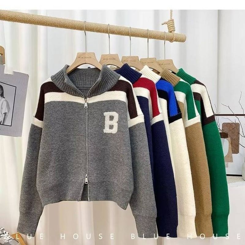 High-Neck Zip-Up Sweater – Oversized Knit Cardigan (Machine Washable, Wrinkle-Free, Streetwear Essential, White/Grey/Green/Brown/Navy, )​​_voghion.com