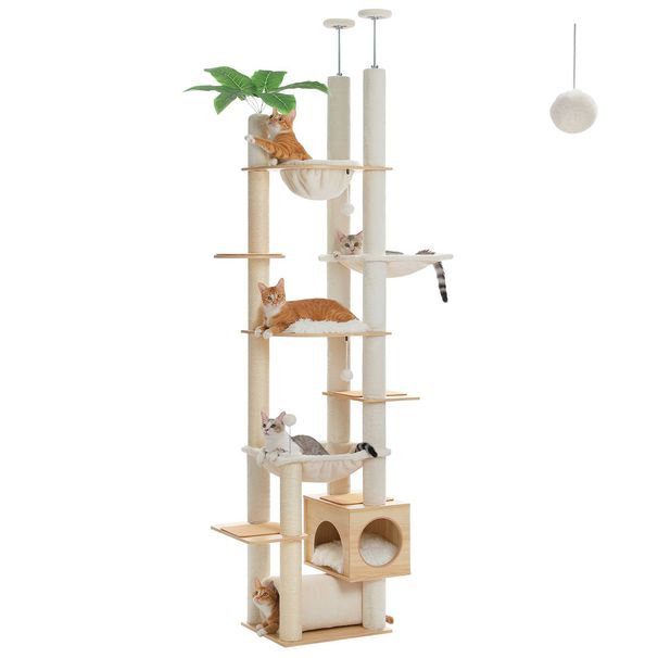 93-101 Zoll Holzboden bis zur Decke verstellbarer Kratzbaum Hoher Katzenturm, Beige_voghion.com