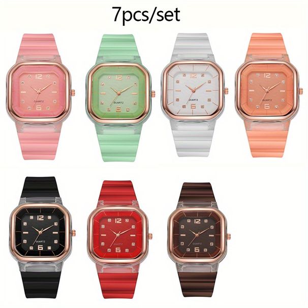 7pcs/set -Fashion Silicone Square Watch Large Dial Women's Quartz Watch Set - Square Dial, Simple Silicone Strap, Zinc Alloy Case_voghion.com