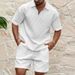 2024 Summer New Men's Casual Trendy Fashion Comfortable Waffle Solid Color Turn-down Collar Shirt Sports Set_voghion.com