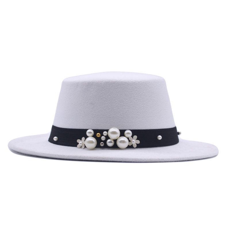 Sombrero de copa plana con cinta de perlas de estilo francés británico, sombrero de lana nuevo para otoño e invierno, sombrero de caballero para mujer, sombrero de fieltro de ala ancha_voghion.com