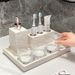 Set di dispenser e portasapone con texture in pietra - Organizzatore di lusso per il bagno per hotel e casa, portasapone resistente all'acqua (2 pezzi)_voghion.com
