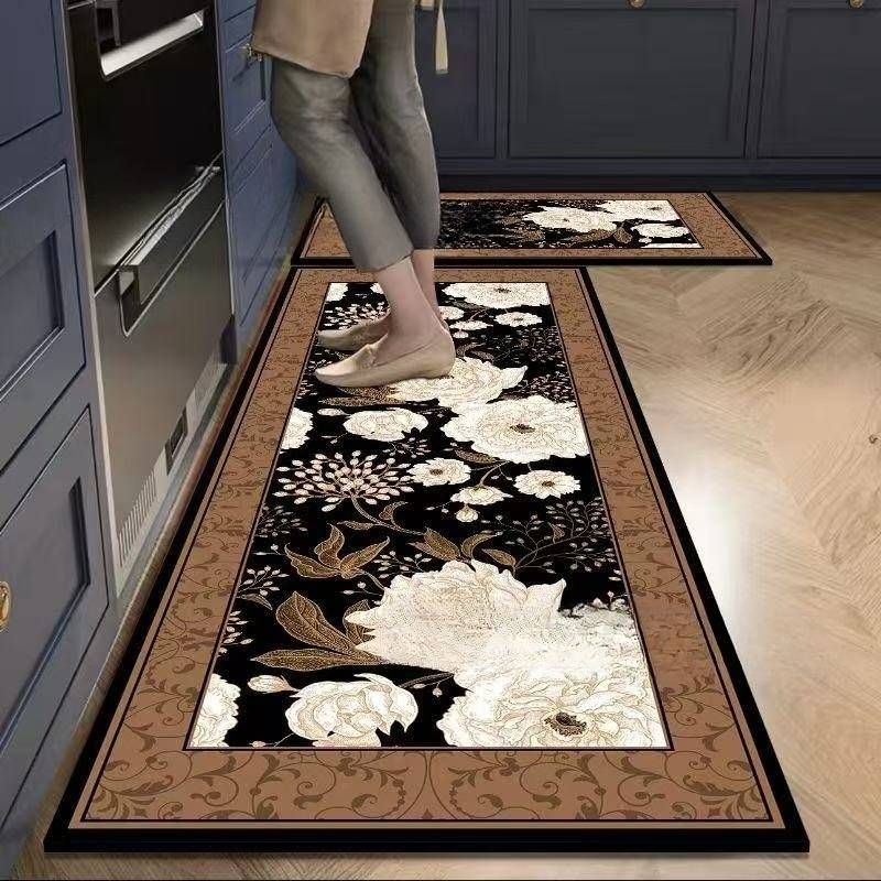 Tapete de cozinha floral retrô para casa, fácil de cuidar, tapete de lama de diatomáceas, absorvente de banheiro, tapete de chão de secagem rápida, tapete de cozinha_voghion.com