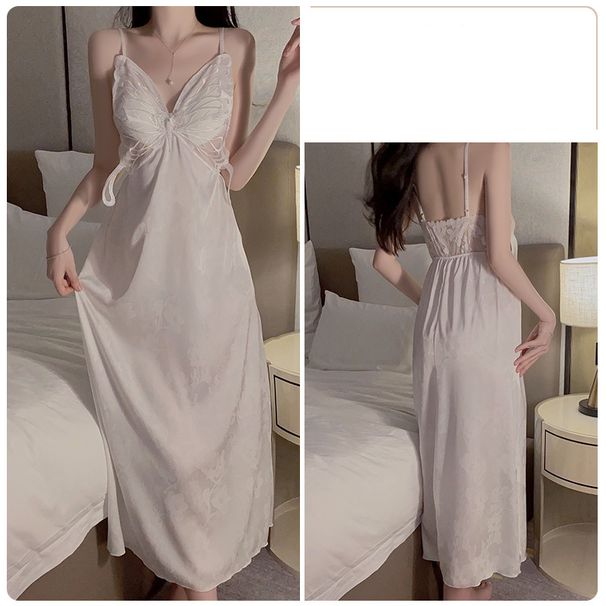 Damenbekleidung Guiruo Langer sexy Pyjama mit Brustpolstern Eisseide geraffter Sling-Nachthemd Mesh-Außenmantel Home-Kleidungsanzug_voghion.com