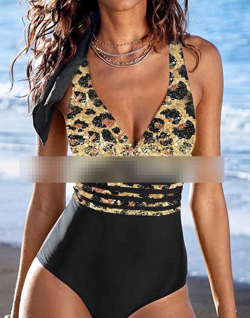 Women's Clothing Solid Color One Piece Multi String Cross Backless Swimsuit Leopard Print_voghion.com