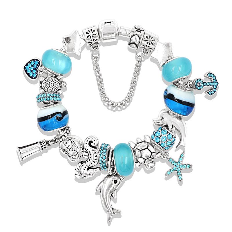 Blauer Ozean Großes Loch Kristallperlen Diamant Delphin Anhänger DIY Antikes Silber Armband_voghion.com