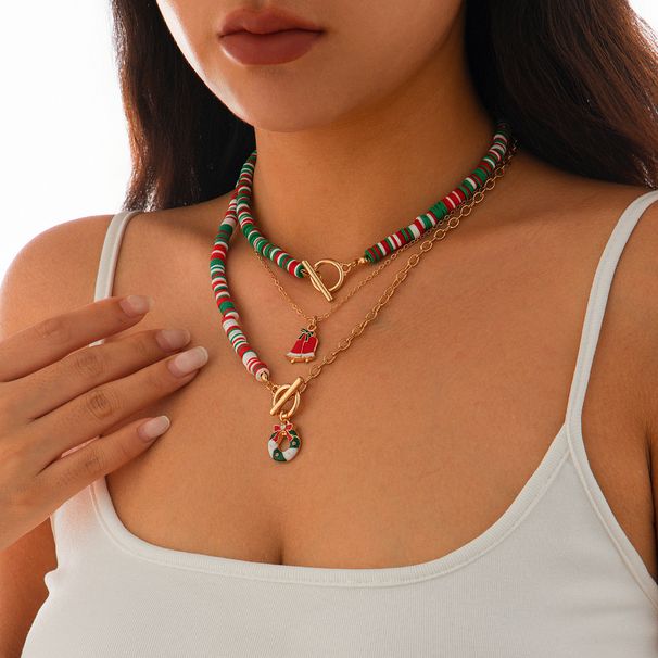 Bijoux Mode argile polymère OT boucle alliage collier 3 pièces Noël vieil homme pendentif chaîne de clavicule_voghion.com