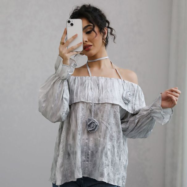 Abbigliamento da donna Autunno Temperamento francese Puro desiderio Maglietta ampia a maniche lunghe con volant e una spalla_voghion.com