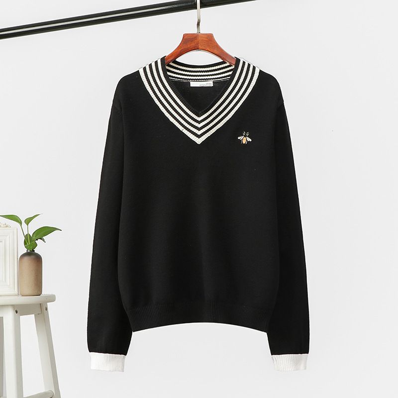 Women's Bee Embroidered Knit Sweater Pullover Long Sleeve Loose Plus Size Striped V-Neck Top_voghion.com