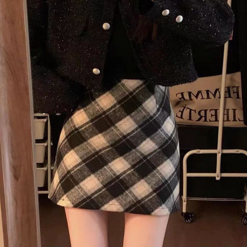 Woolen plaid midi autumn winter new high waist slimming A-line stylish and versatile skirt_voghion.com