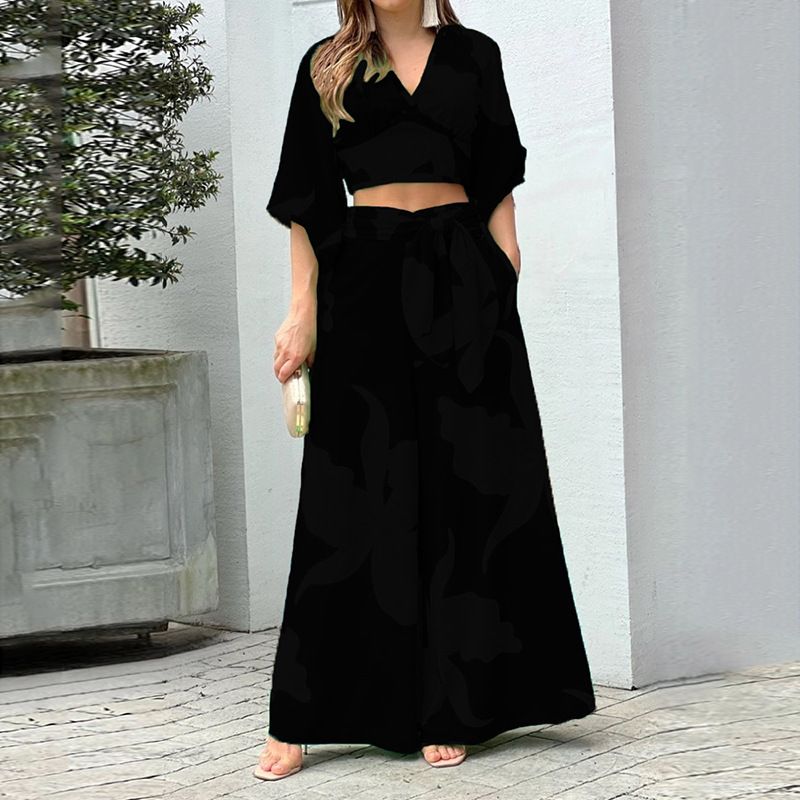 Abito casual con maniche a lanterna con scollo a V, pantaloni corti a vita alta e gamba larga_voghion.com