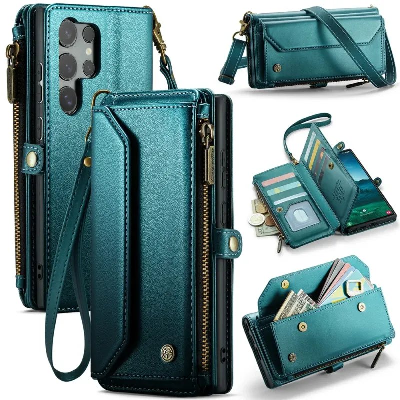 Ovitek za Samsung Samsung S25 S24 S23 Ultra Plus FE A55 A35 A36 A56 5G PU usnjen trak z zadrgo, držalo za kartice, telefon, denarnica_voghion.com