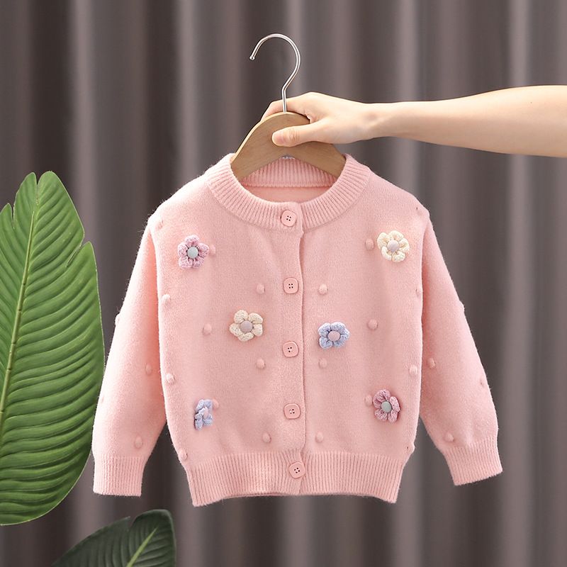 Suéter feminino cardigã outono e inverno malha bebê menina flor top suéter de manga comprida_voghion.com