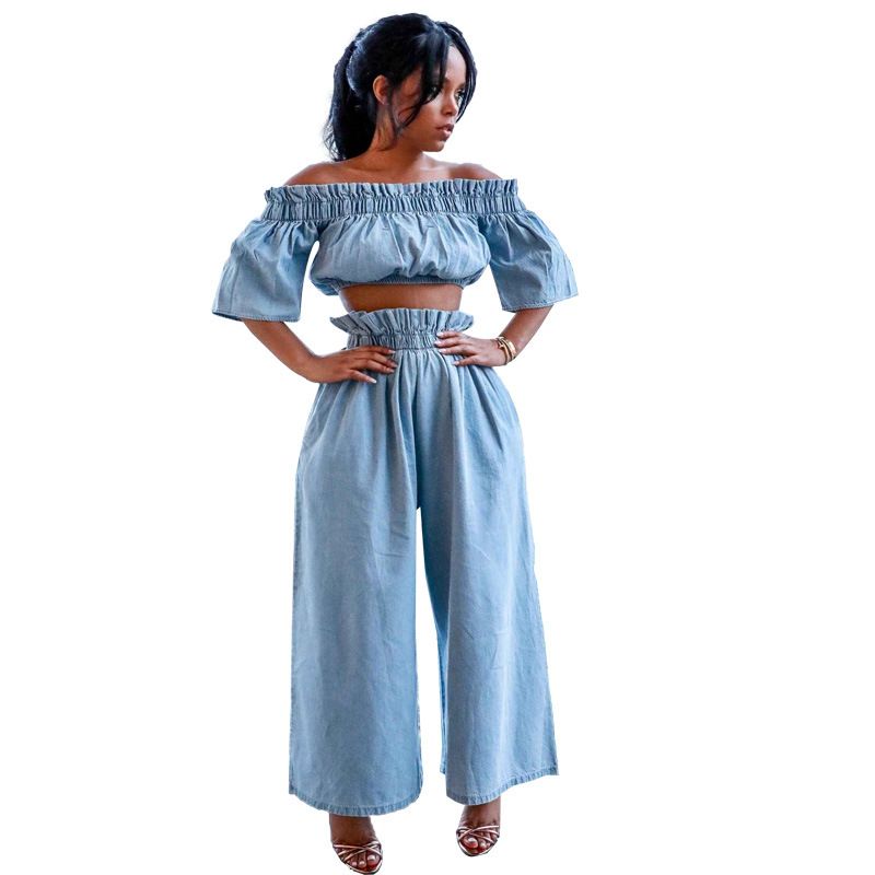 Abbigliamento da donna, monospalla, ombelico scoperto, manica corta, gamba larga, tinta unita, completo in denim per donna_voghion.com