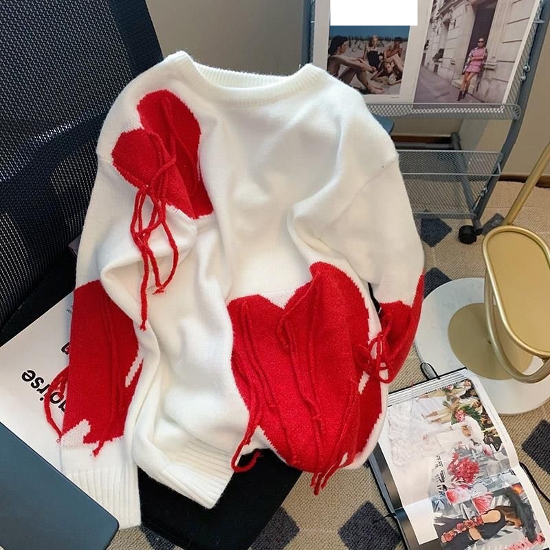 Damenbekleidung Herbst und Winter neue Quaste Herz Pullover Frauen japanische und koreanische faule Art und Weise lose gestrickte Pullover Tops Frauen_voghion.com