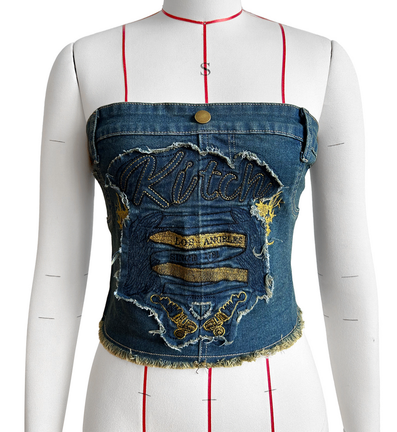 Haut en denim avec broderie en tissu denim extensible pour femme_voghion.com