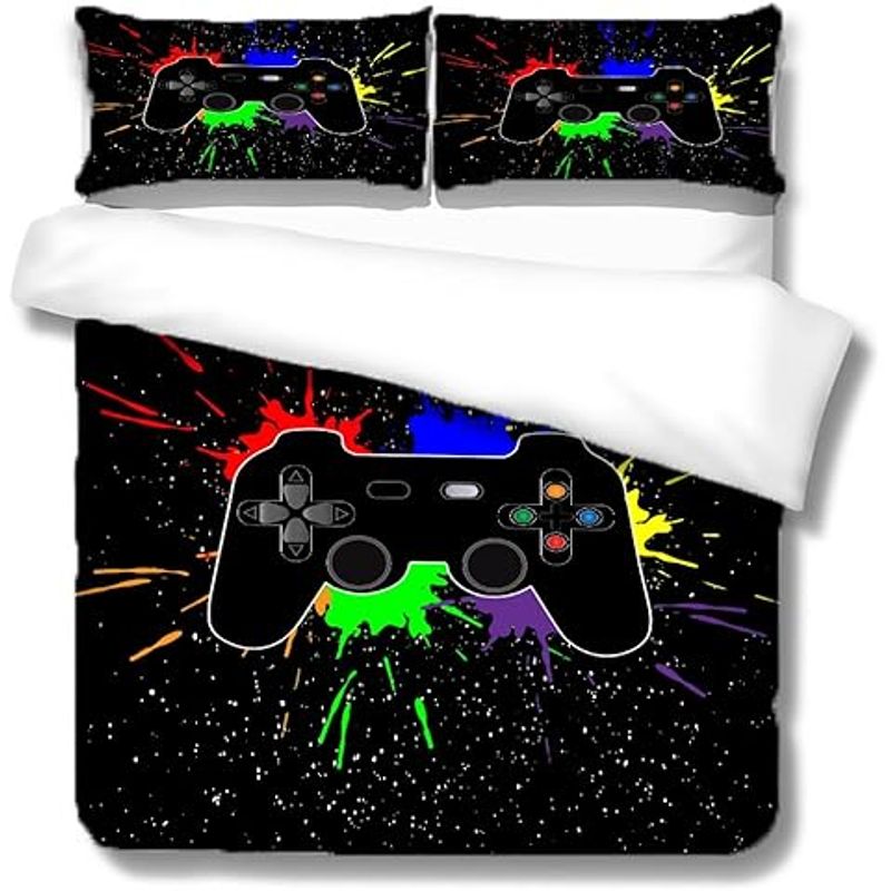 Fiú fekete zöld gamer ágynemű paplanhuzat szett egyszemélyes, gyerek gamepad gamer puha cipzáras gyermek teljes ágy 3 darabos paplanhuzatok és párnahuzatok_voghion.com