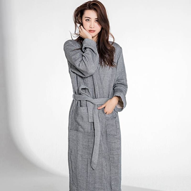 Pure Color Autumn And Winter New Bathrobe Women's Pajamas Pure Cotton Japanese Kimono Collar Hotel Bathrobe Men's Nightgown Four Layer Yarn_voghion.com