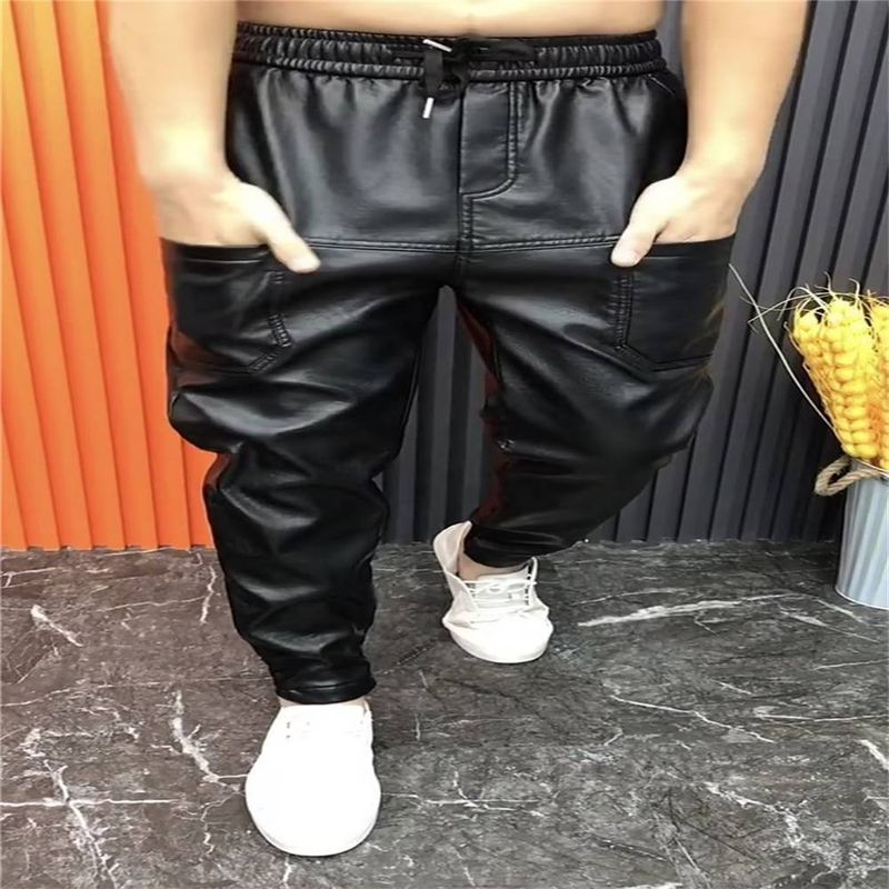 2025 Spring Autumn Leather Pants Men's Casual Pants Waterproof No-Wash Pants Trendy Black Leather Pants Motorcycle PU Small Leg Pants_voghion.com