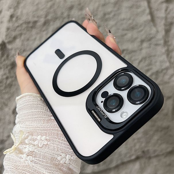 Grezns magnētisks triecienizturīgs telefona maciņš iPhone 16 15 14 13 12 11 Pro Max 16 Plus Funda Stand stikla lēcas aizsardzībai melns pārsegs_voghion.com