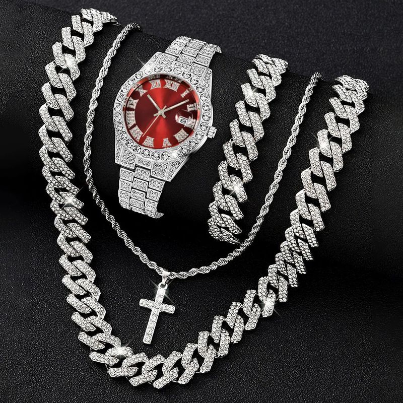 Orologio da uomo con bracciale e collana, orologio al quarzo Hip Hop, orologio con diamanti_voghion.com