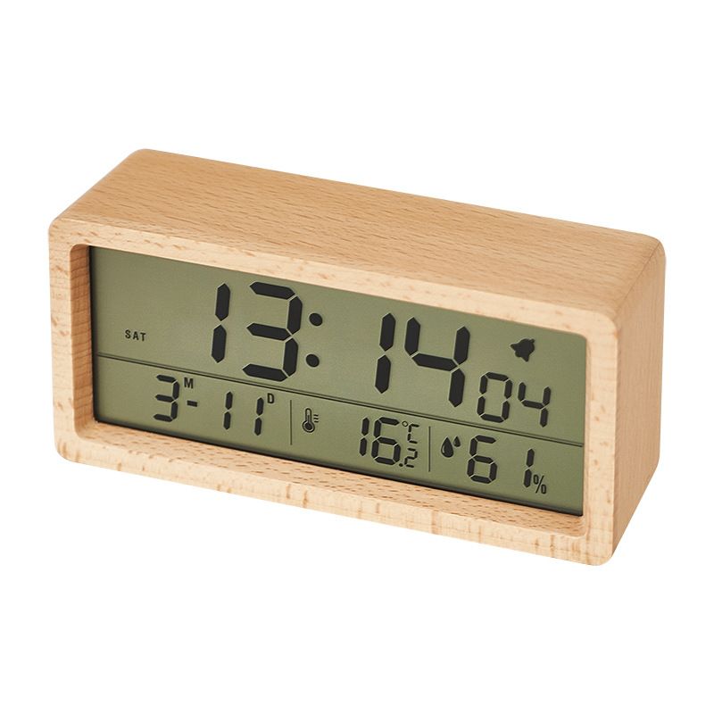 New Style Solid Wood Simple Temperature And Humidity 1906 Luminous Bedside Large Screen LCD Wooden Alarm Clock_voghion.com